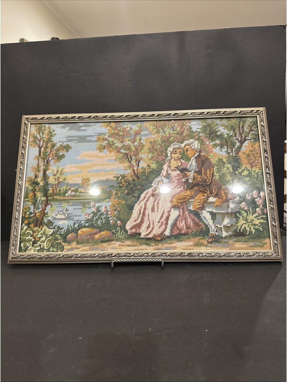 VTG Victorian Couple Cross Stitch Romantic Garden W Lake Silver Frame 22” W